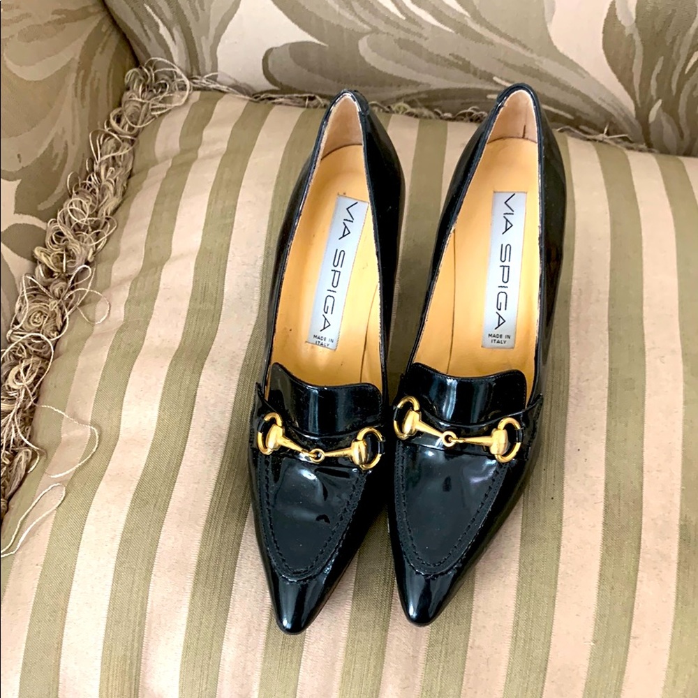 Via Spiga Black Patent Leather Loafers with Gold Detail